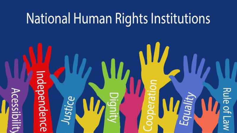 Banner_GNCHR Report (Title: National Human Rights Institutions. Rising hands writing "Accessibility, Independence, Justice, Dignity, Cooperation, Equality, Rule of Law")