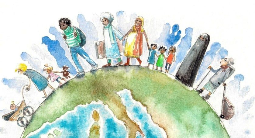 Παιδική ζωγραφιά: νέοι από διάφορες χώρες πιασμένοι χέρι- χέρι πάνω στην υδρόγειο