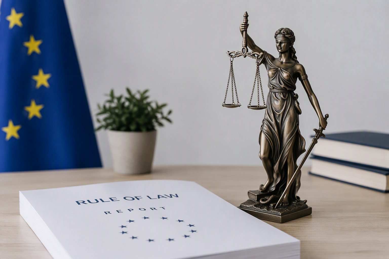 Εικόνα ΑΙ (Μια έκθεση που γράφει Rule of Law Report, ένα αγαλματίδιο της δικαιοσύνης με ζυγαριά και η σημαία της ΕΕ)